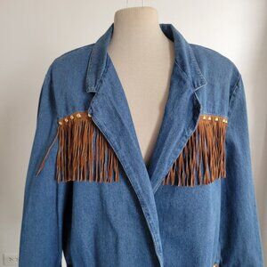 Ideas Blue Jean Denim Brown Fringed Western Cowgirl Jacket (Size: Medium)